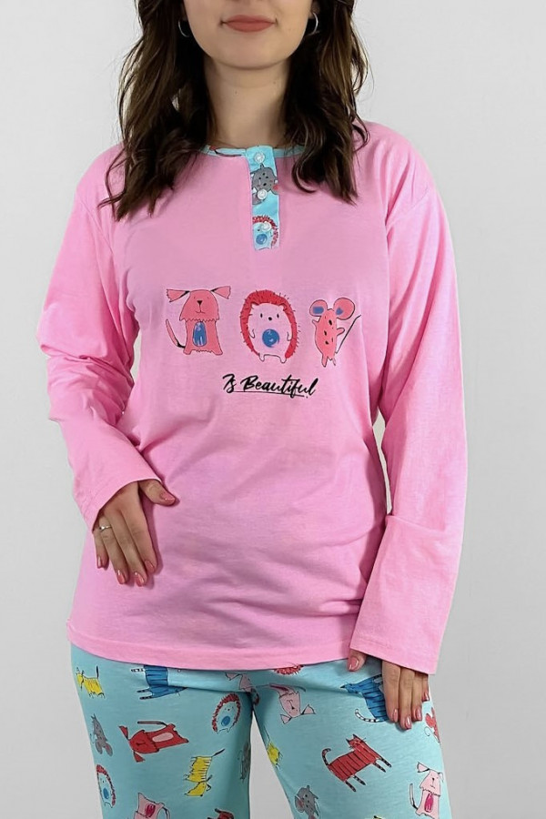 Piżama damska plus size w kolorze różowym koszulka + spodnie zwierzaki