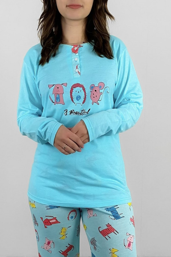Piżama damska plus size w kolorze turkusowym koszulka + spodnie zwierzaki