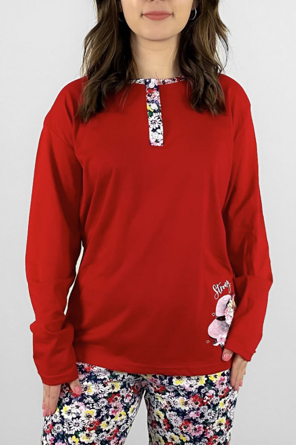 Piżama damska plus size w kolorze czerwonym koszulka + spodnie kwiaty