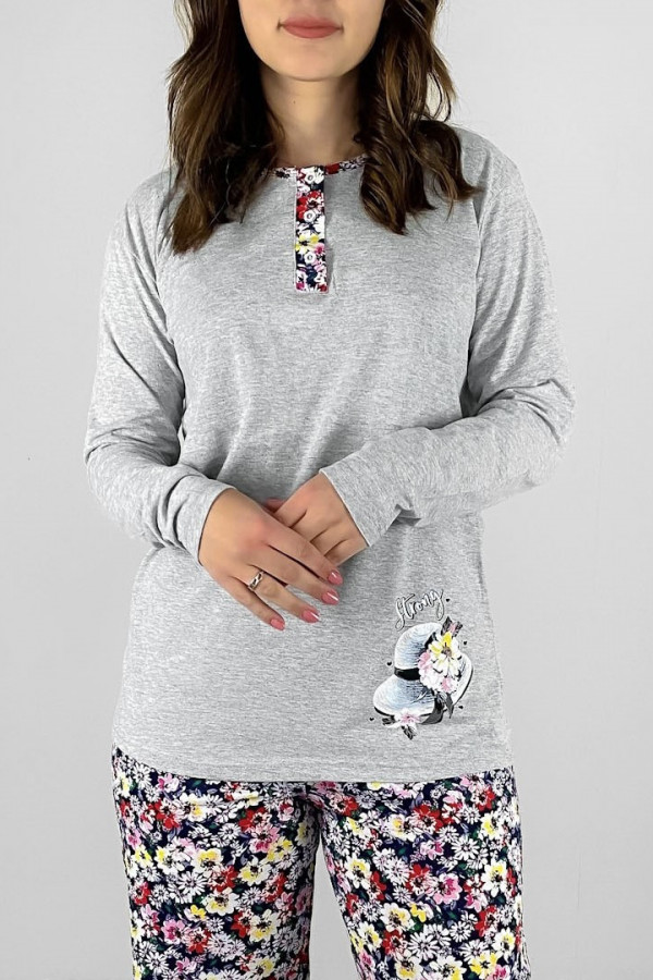 Piżama damska plus size w kolorze szarym koszulka + spodnie kwiaty