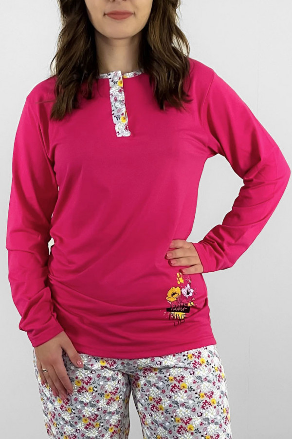 Piżama damska plus size w kolorze fuksji koszulka + spodnie flowers
