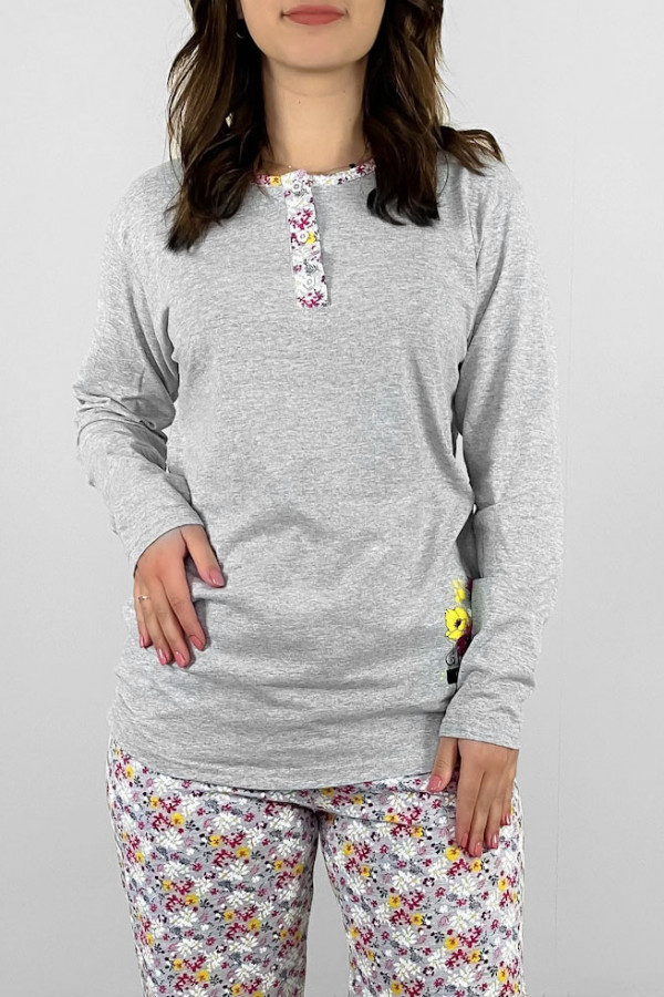 Piżama damska plus size w kolorze szarym koszulka + spodnie flowers