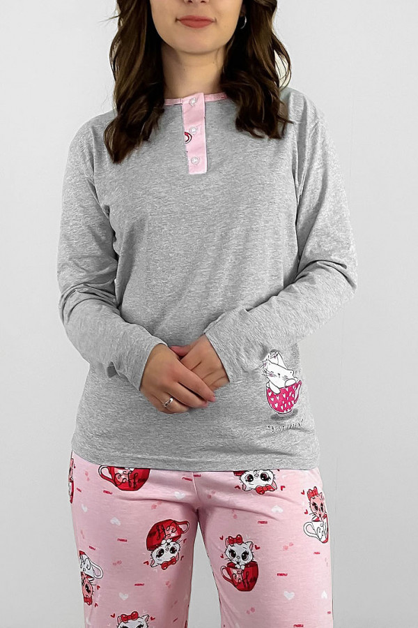 Piżama damska plus size w kolorze szarym koszulka + spodnie kotek filiżanka