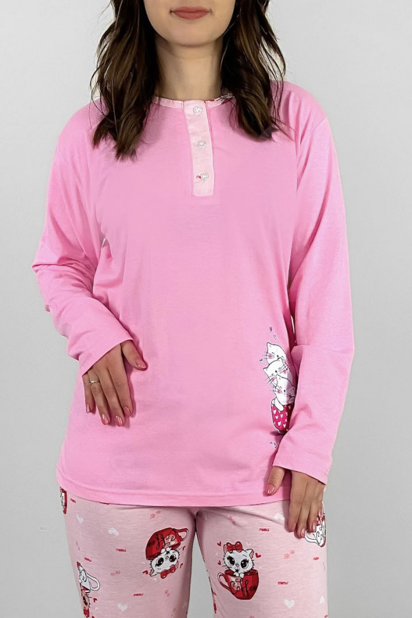 Piżama damska plus size w kolorze różowym koszulka + spodnie kotek filiżanka