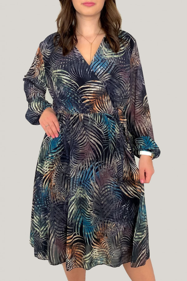 Elegancka sukienka plus size kolorowe liście palmy Mabel