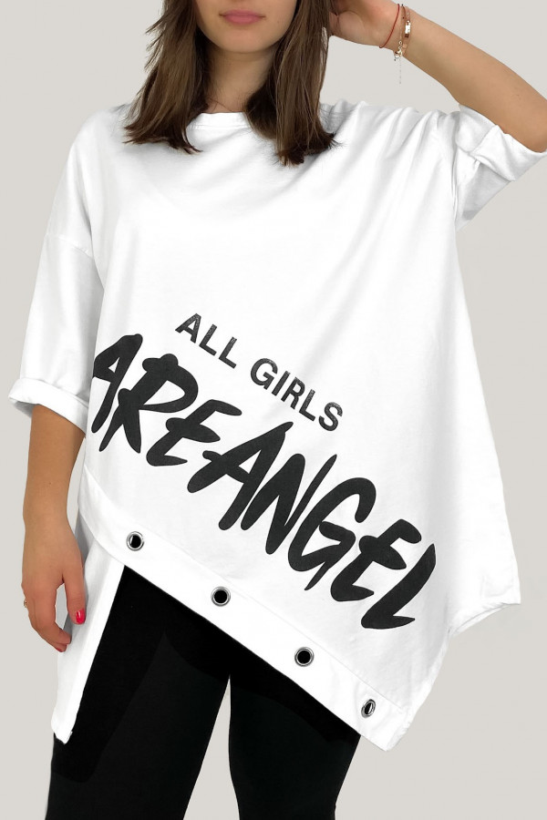 Bluza damska w kolorze białym asymetryczny bok rękaw 3/4 all girls