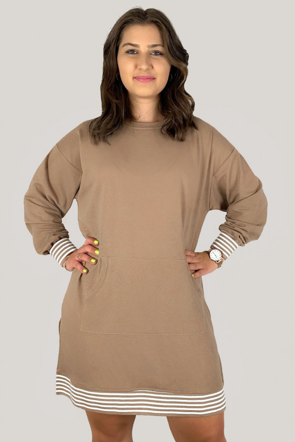Długa bluza plus size tunika long w kolorze beżowym kieszeń paski 2