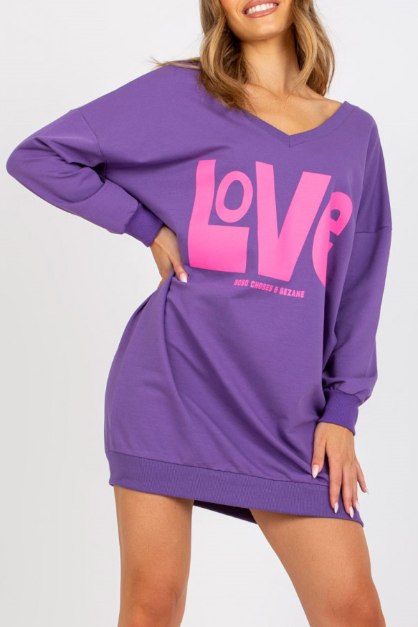 Sukienka dresowa long bluza oversize w kolorze fioletowym dekolt w serek V love
