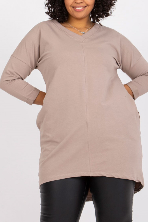 Tunika dresowa plus size z kieszeniami w kolorze beżowym dekolt w serek V ANA