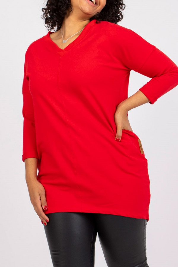 Tunika dresowa plus size z kieszeniami w kolorze czerwonym dekolt w serek V ANA
