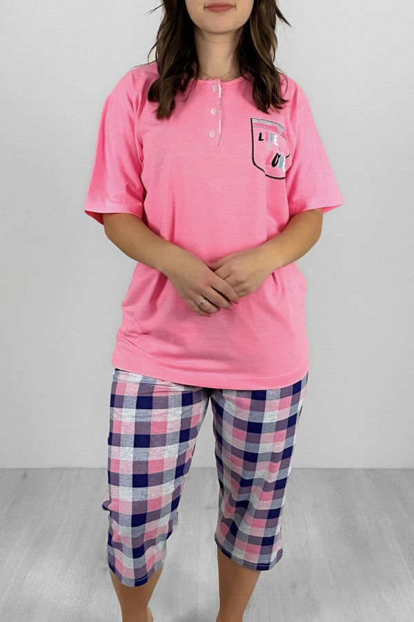 Piżama damska plus size w kolorze różowym komplet t-shirt + spodenki w kratkę