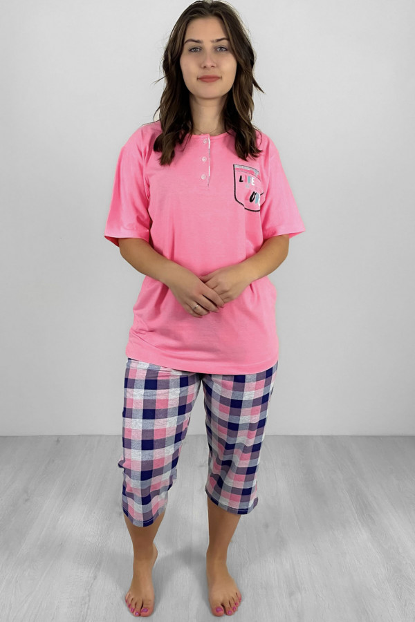 Piżama damska plus size w kolorze różowym komplet t-shirt + spodenki w kratkę 1