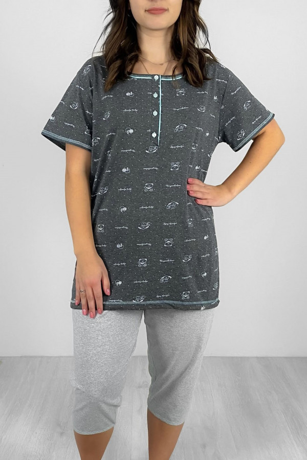 Piżama damska plus size W DRUGIM GATUNKU w kolorze grafitowym t-shirt + spodenki lamówka turkusowa