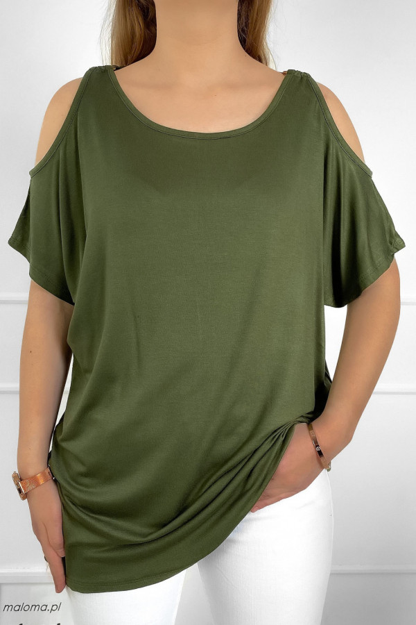 Bluzka damska z wiskozy nietoperz w kolorze zielonym khaki odkryte ramiona