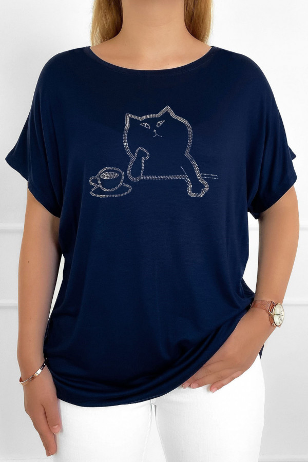 Duża bluzka damska z wiskozy w kolorze granatowym dżety kot