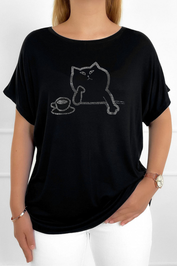 Duża bluzka damska z wiskozy w kolorze czarnym dżety kot