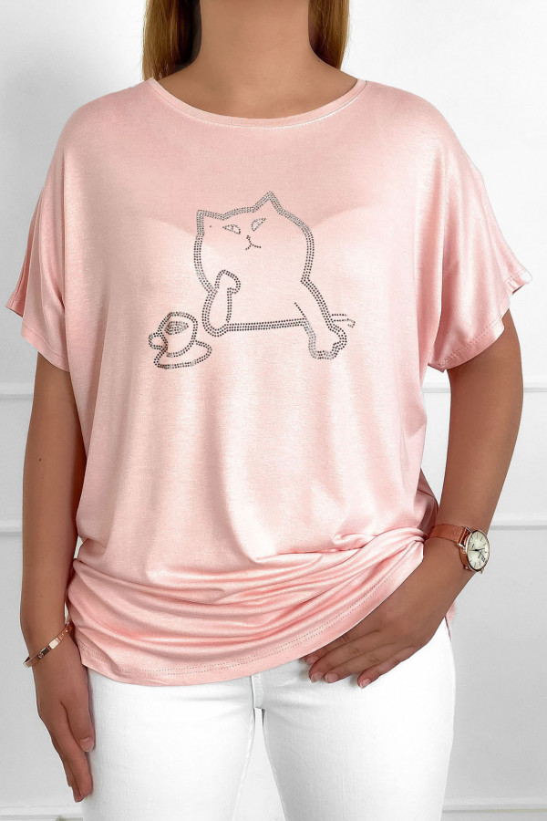 Duża bluzka damska z wiskozy w kolorze pudrowym dżety Kot