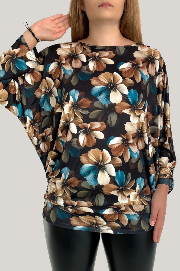 Luźna bluzka damska nietoperz oversize print kwiaty multikolor