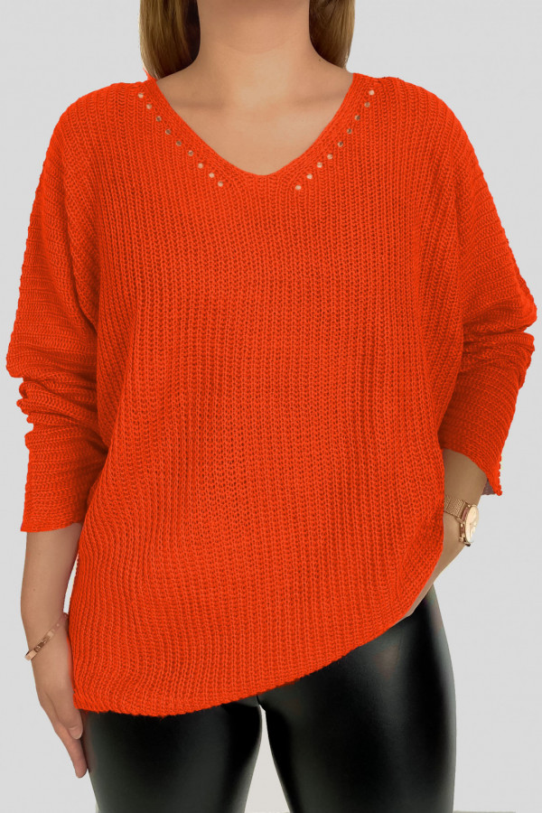 Sweter damski oversize w kolorze pomarańczowym dekolt V duży nietoperz Fox