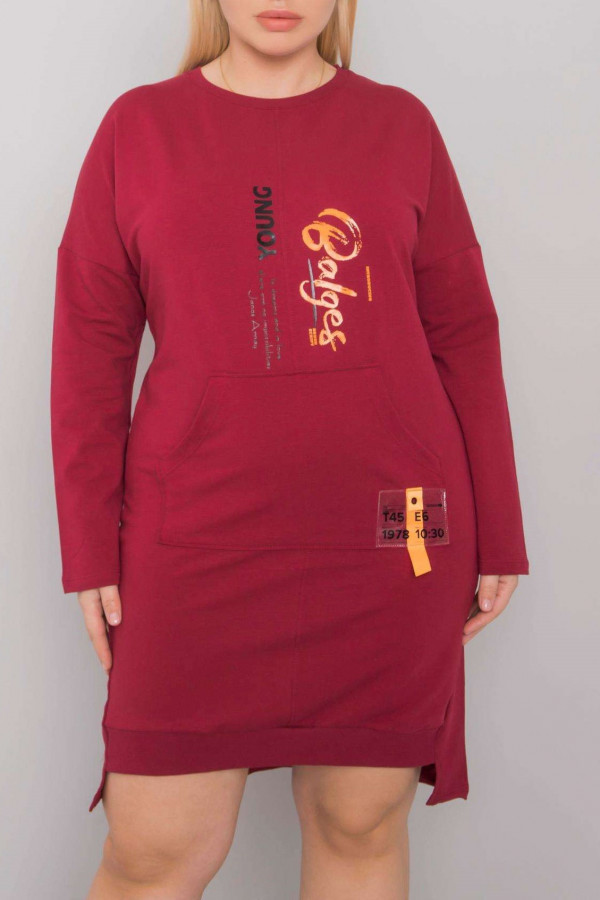 Sukienka dresowa dłuższy tył w kolorze bordowym kieszeń basic makkari