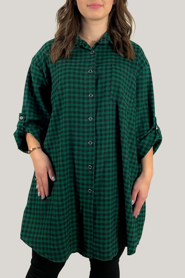 Długa koszula w małą kratkę tunika sukienka w kolorze czarno zielonym Leena