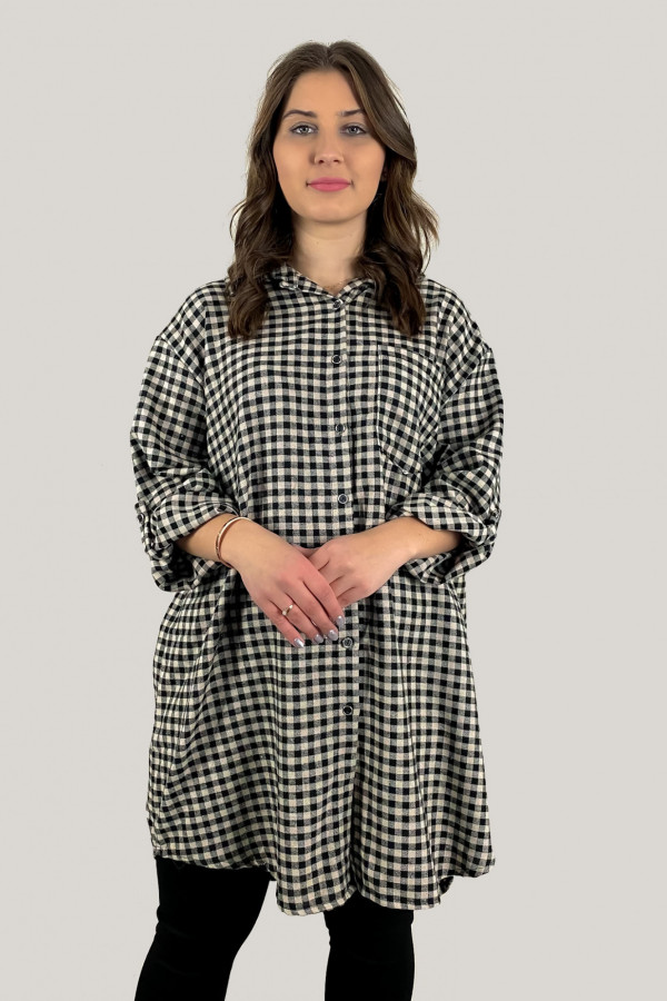 Długa koszula w małą kratkę tunika sukienka w kolorze czarno beżowym Leena 2