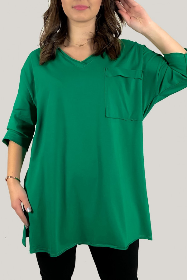Tunika damska w kolorze zielonym t-shirt oversize v-neck kieszeń Polina