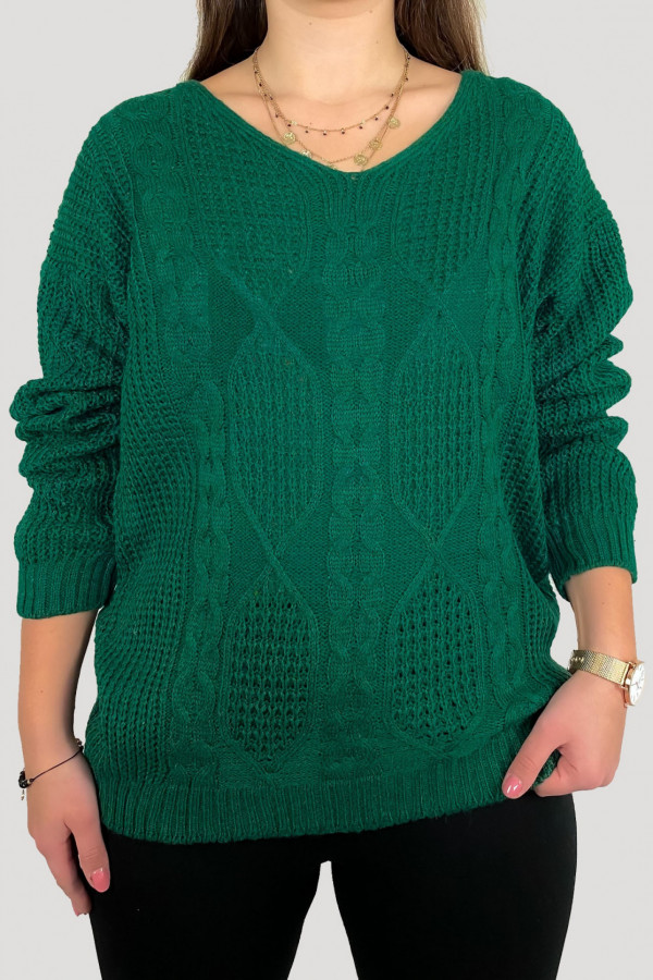 Sweter damski w kolorze butelkowej zieleni z wzorem warkocze Klaris
