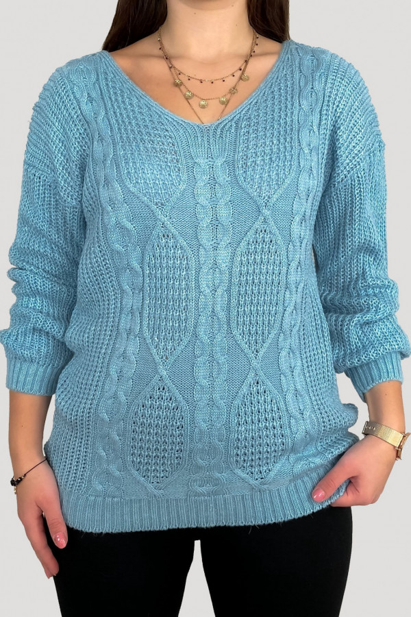 Sweter damski w kolorze błękitnym z wzorem warkocze Klaris