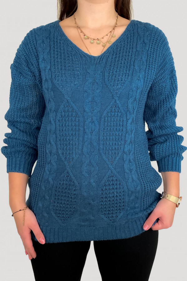 Sweter damski w kolorze dark blue z wzorem warkocze Klaris