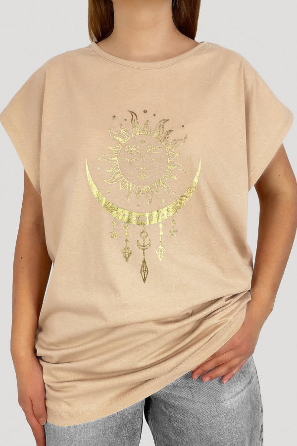 T-shirt bluzka damska plus size w kolorze beżowym złoty łapacz snów księżyc