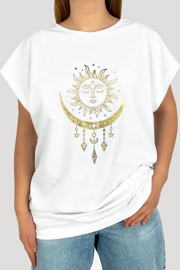 T-shirt bluzka damska plus size w kolorze białym złoty łapacz snów księżyc