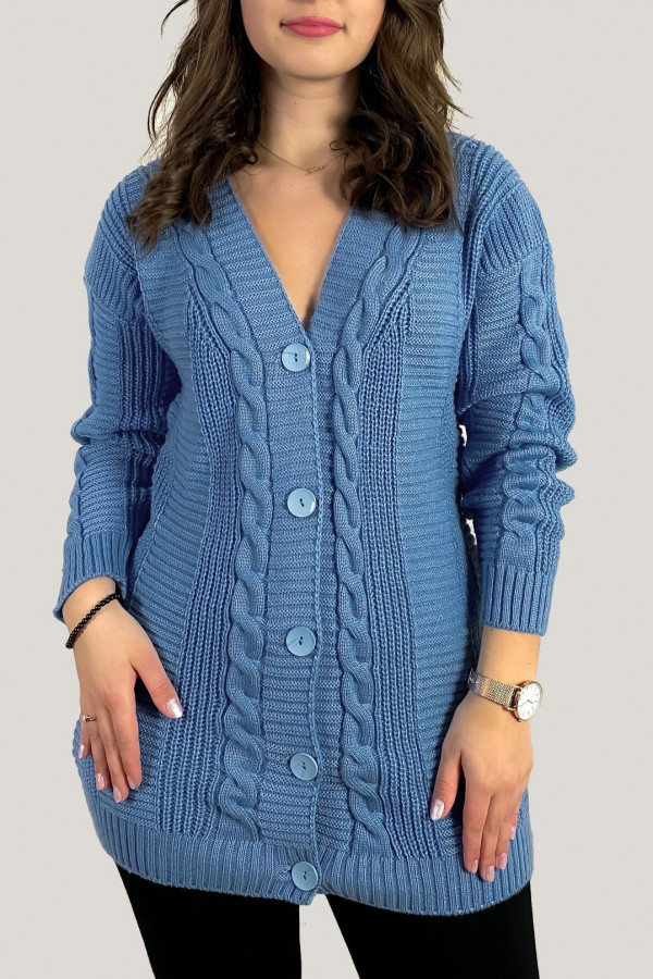 Sweter damski w kolorze niebieskim zapinany kardigan warkocze guziki Mori