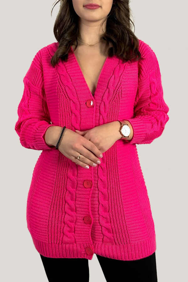 Sweter damski w kolorze fuksji fluo zapinany kardigan warkocze guziki Mori