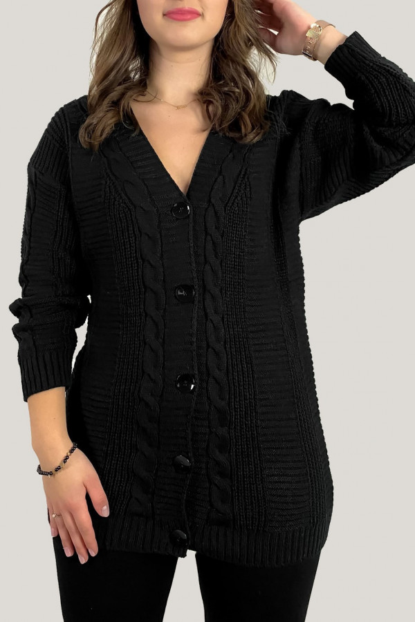 Sweter damski w kolorze czarnym zapinany kardigan warkocze guziki Mori