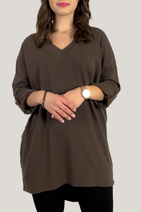 Luźna tunika damska w kolorze brązowym podpinany rękaw dekolt V Jordan