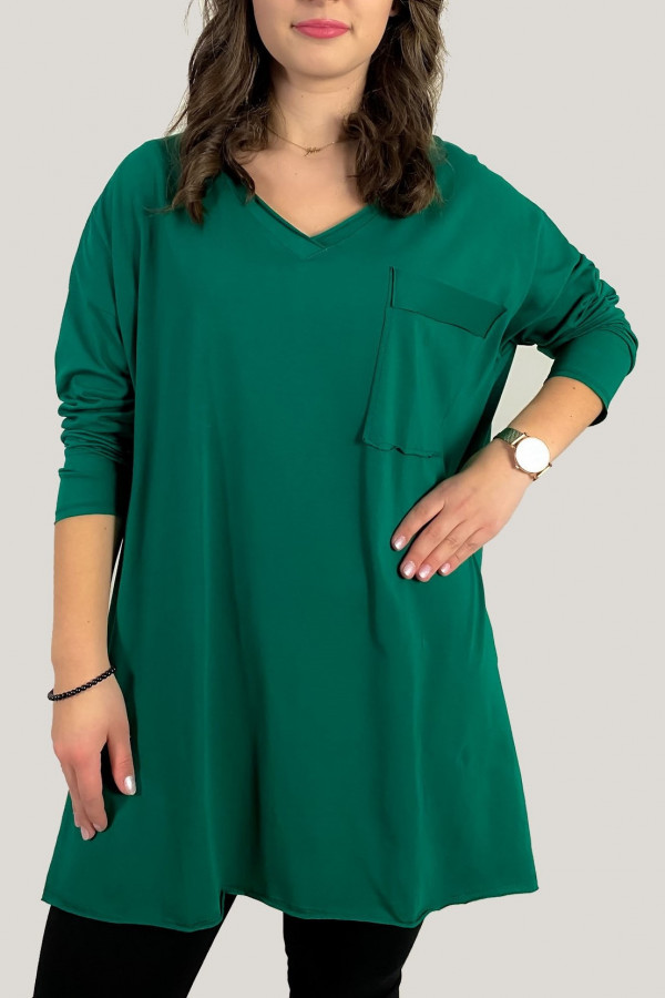 Bluzka luźna tunika damska w kolorze zielonym długi rękaw dekolt v-neck kieszeń Linaa