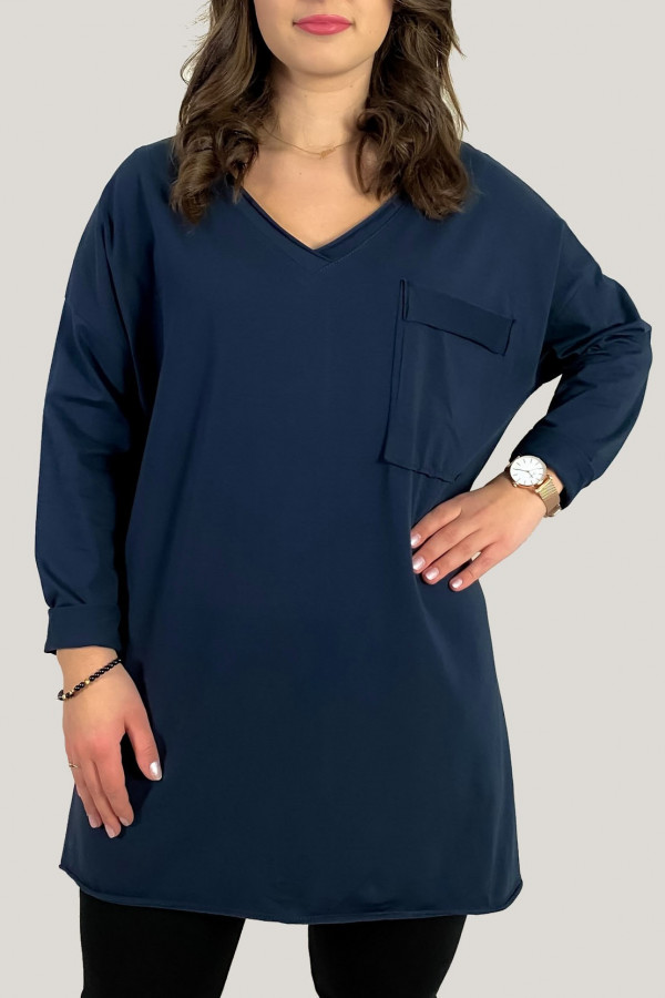 Bluzka luźna tunika damska w kolorze granatowym długi rękaw dekolt v-neck kieszeń Linaa 2