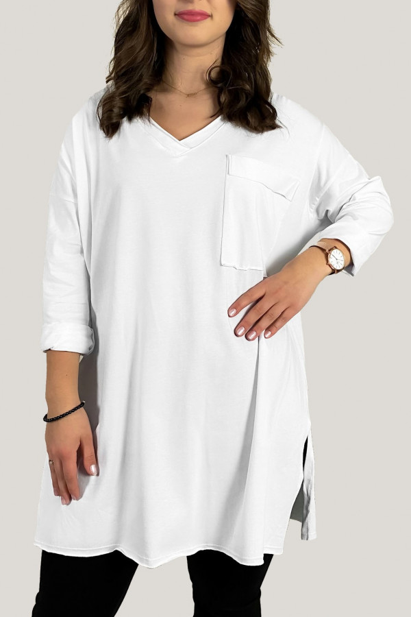 Bluzka luźna tunika damska w kolorze białym długi rękaw dekolt v-neck kieszeń Linaa