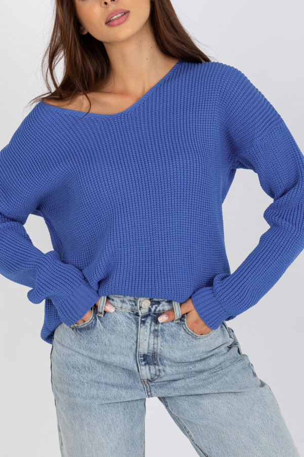 Sweter damski w kolorze niebieskim dekolt w serek Lizo
