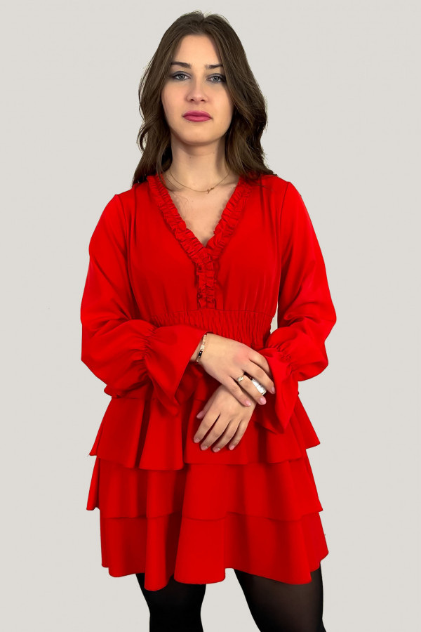 Sukienka w kolorze czerwonym dekolt w serek falbany 1