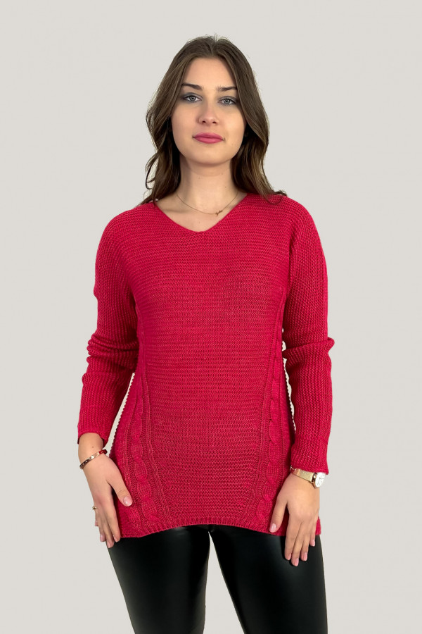 Sweter damski w kolorze malinowym ażurowy wzór na plecach 1