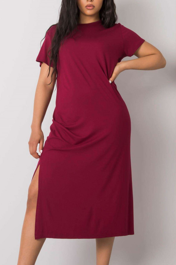 Sukienka plus size z wiskozy w kolorze bordowym z rozcięciem Mahima
