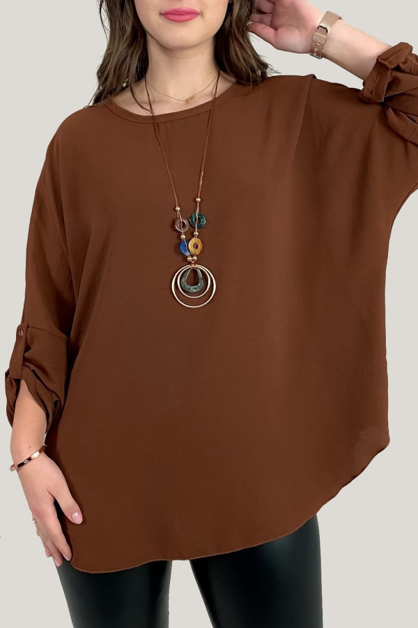 Duża koszula bluzka w kolorze brązowym oversize podpinany rękaw z naszyjnikiem Anne
