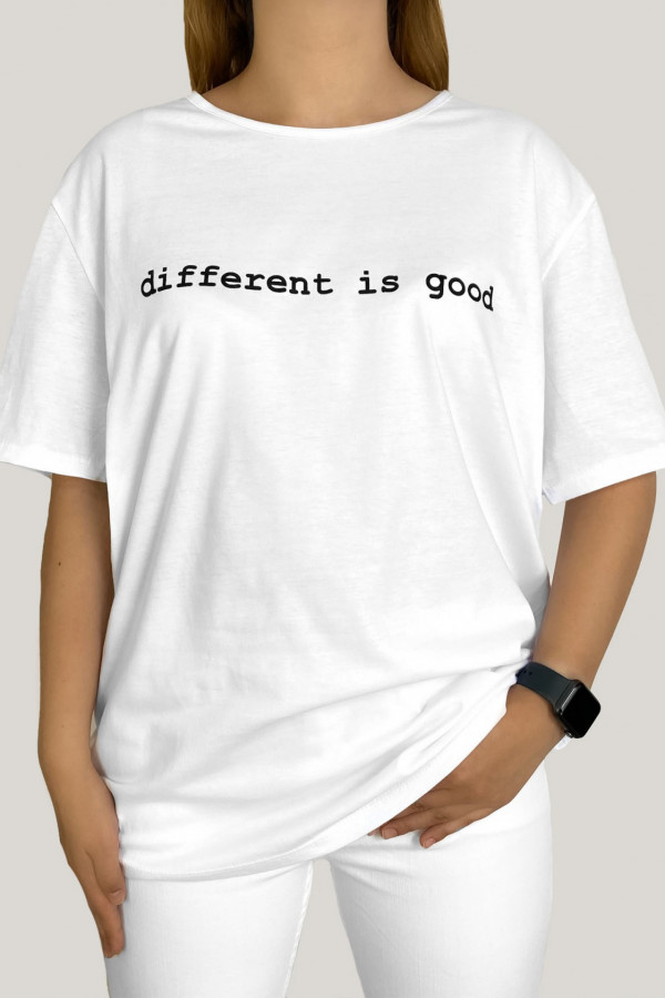 T-shirt plus size bluzka damska w kolorze białym napis different is good