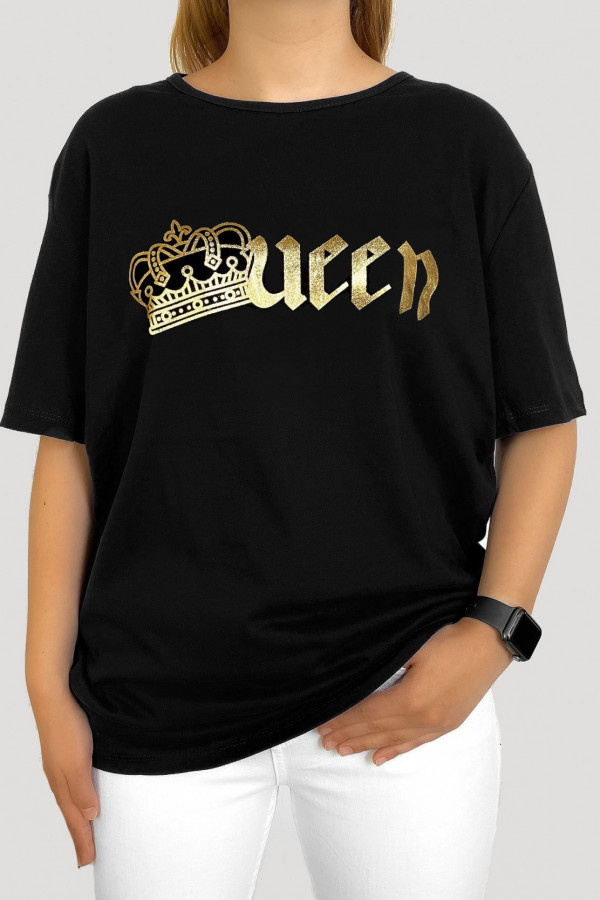 T-shirt plus size bluzka damska w kolorze czarnym złoty napis queen