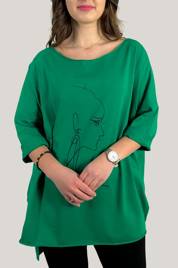 Tunika damska w kolorze zielonym oversize dłuższy tył line art woman face