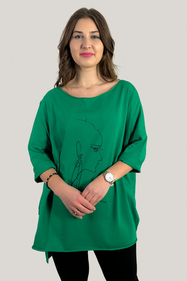 Tunika damska w kolorze zielonym oversize dłuższy tył line art woman face 2