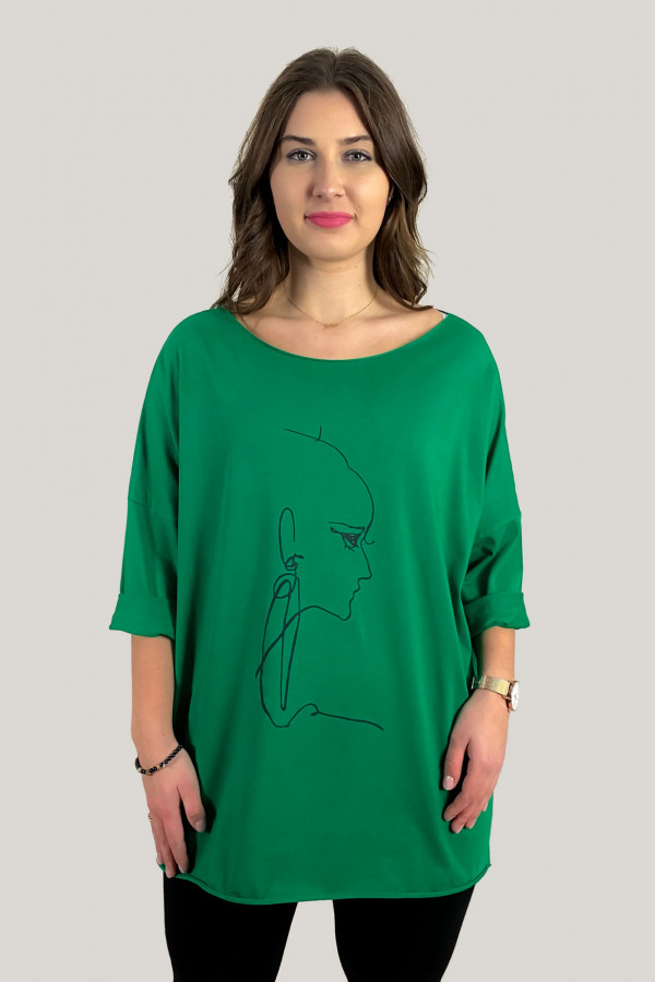 Tunika damska w kolorze zielonym oversize dłuższy tył line art woman face 3