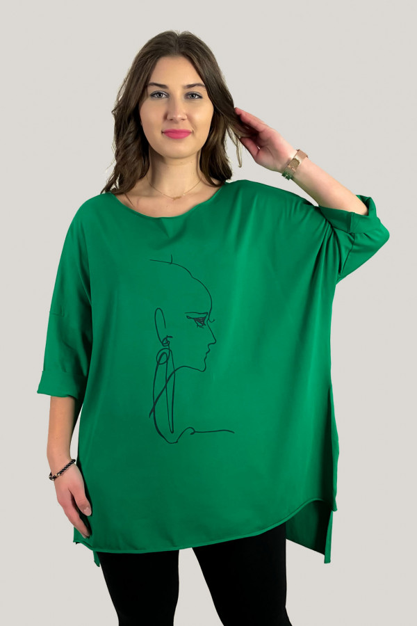 Tunika damska w kolorze zielonym oversize dłuższy tył line art woman face 4